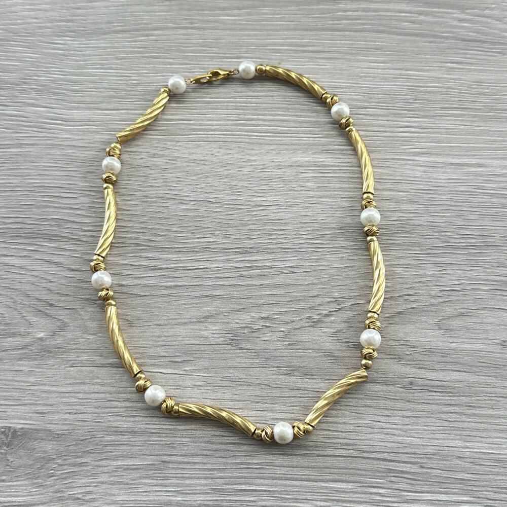Vintage Jewelry Gold Tone Tubes Glass Pearls Necklace Elegant Classy Curved
